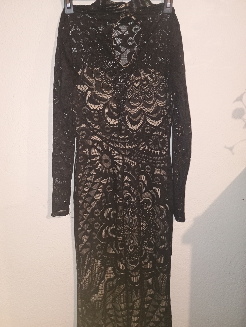 Long Sleeve Black Lace Midi Dress with Sheer Pattern